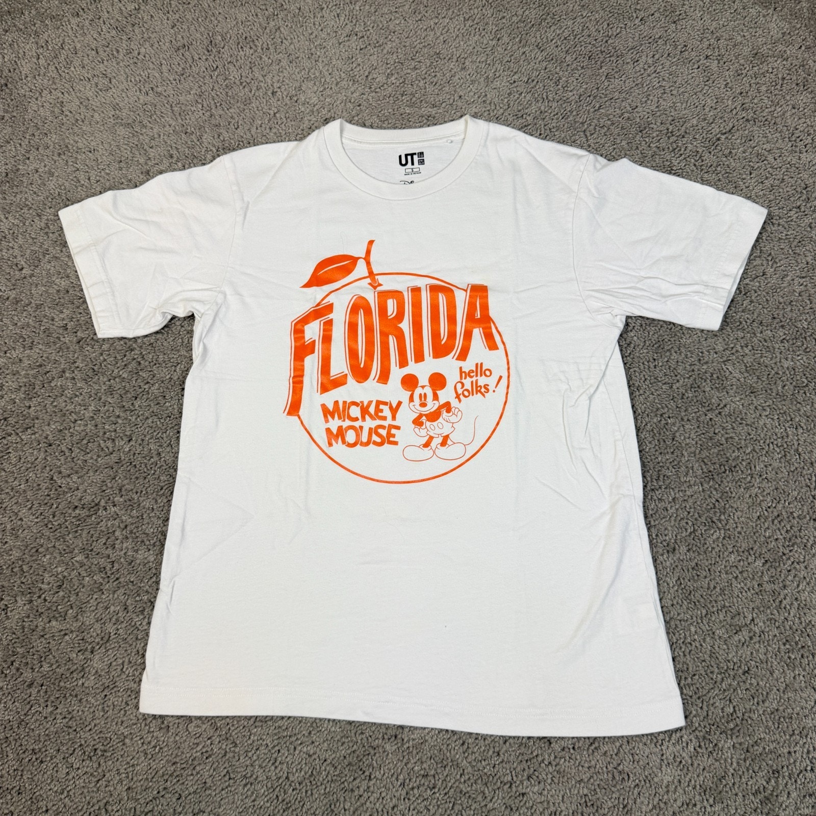 Uniqlo X Disney Shirt Mens Small White Orange Florida Short Sleeve Mickey Mouse